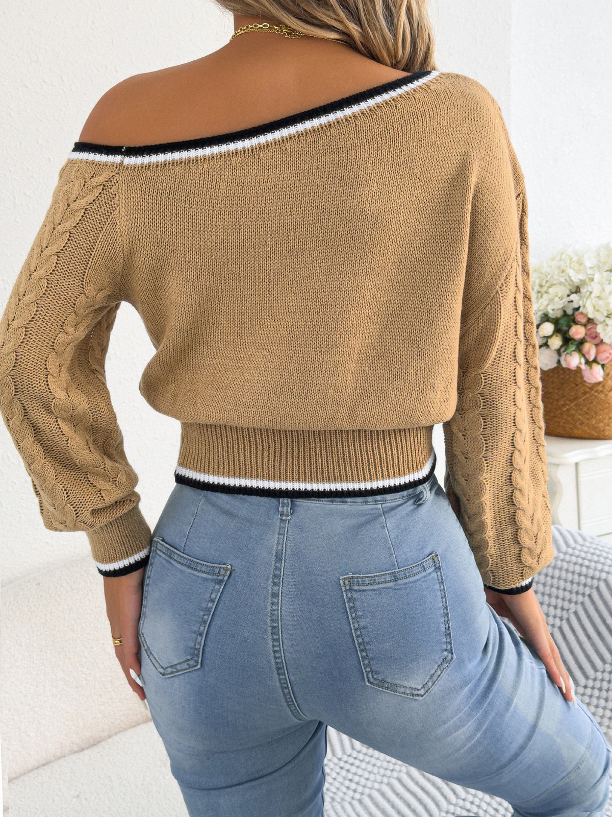 Contrast Trim Off Shoulder Knit Top - Khaki - 1