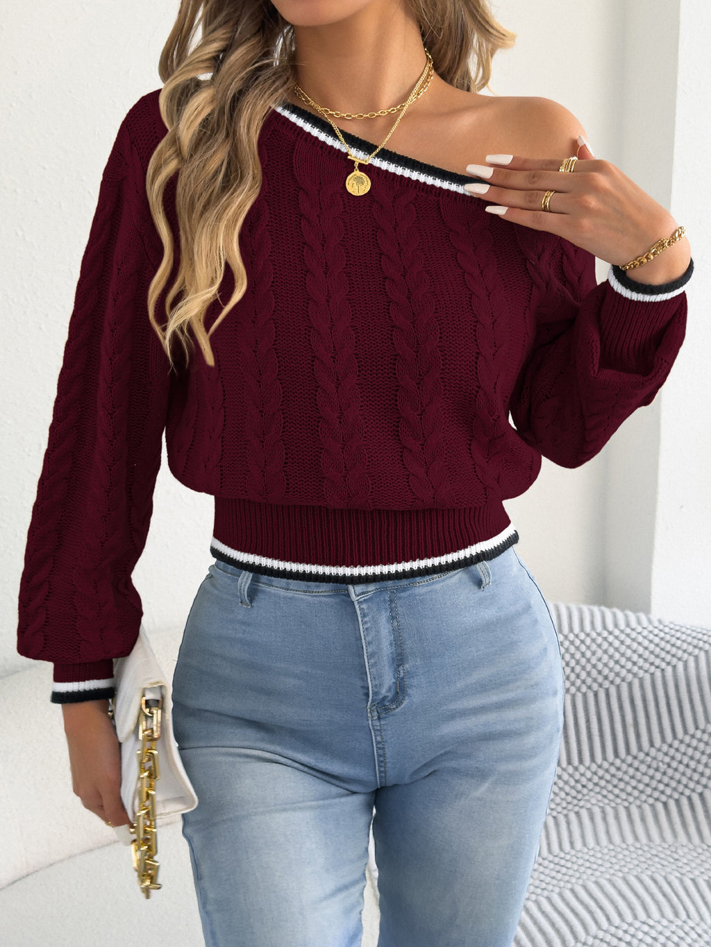 Contrast Trim Off Shoulder Knit Top - Winered - 1