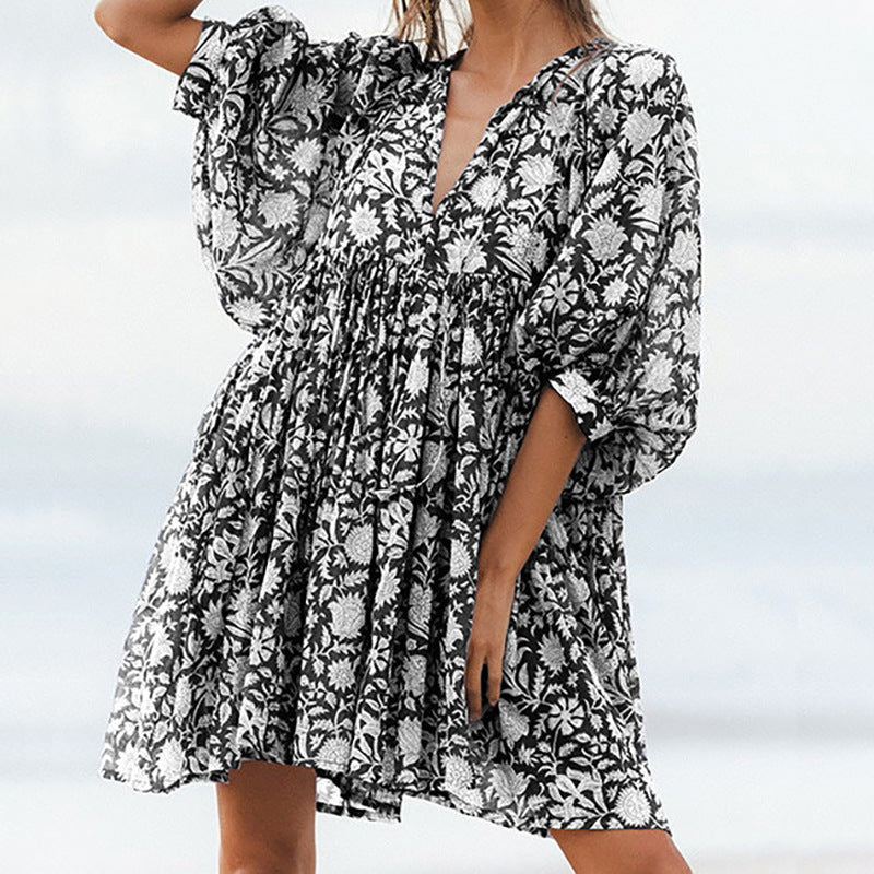 Block Print V Neck Babydoll Mini Dress - Black
