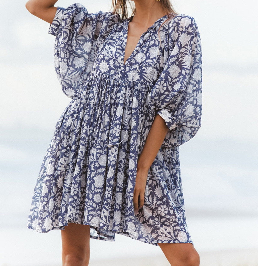 Block Print V Neck Babydoll Mini Dress - Lavender