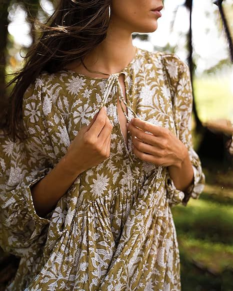 Block Print V Neck Babydoll Mini Dress - Olive