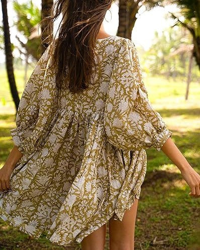 Block Print V Neck Babydoll Mini Dress - Olive - 1