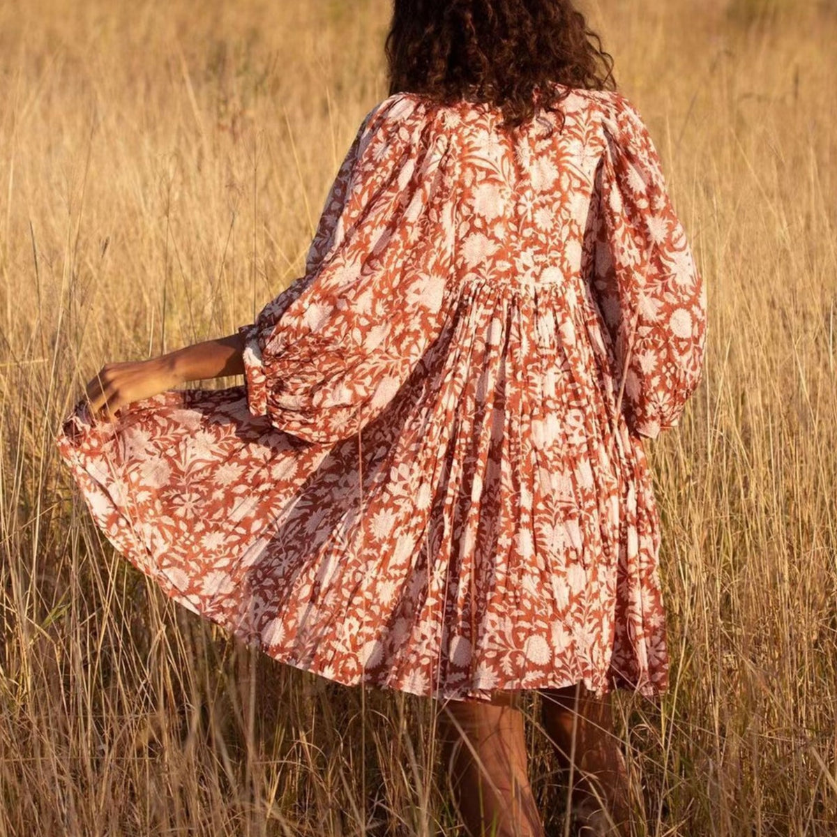 Block Print V Neck Babydoll Mini Dress - Orange