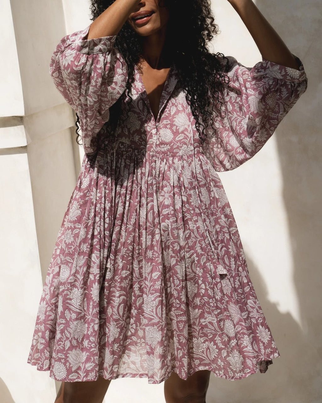 Block Print V Neck Babydoll Mini Dress - Pink - 1