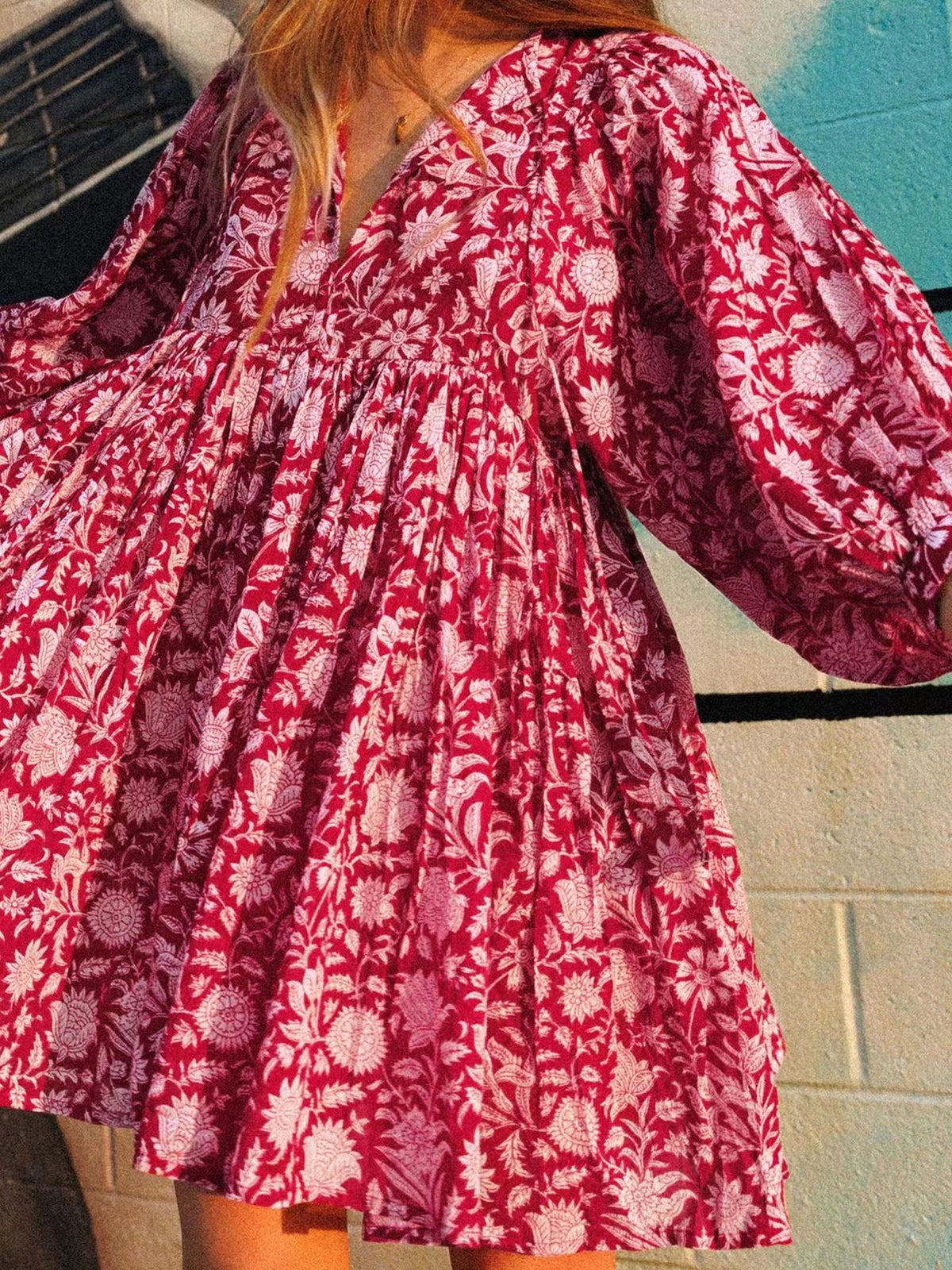 Block Print V Neck Babydoll Mini Dress - Red - 2