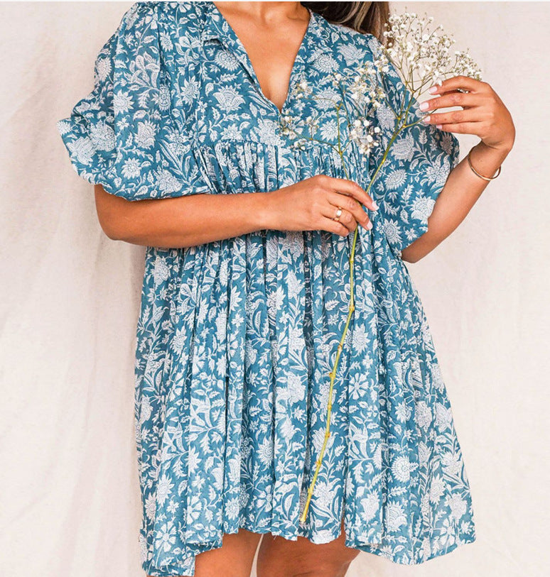 Block Print V Neck Babydoll Mini Dress - SkyBlue