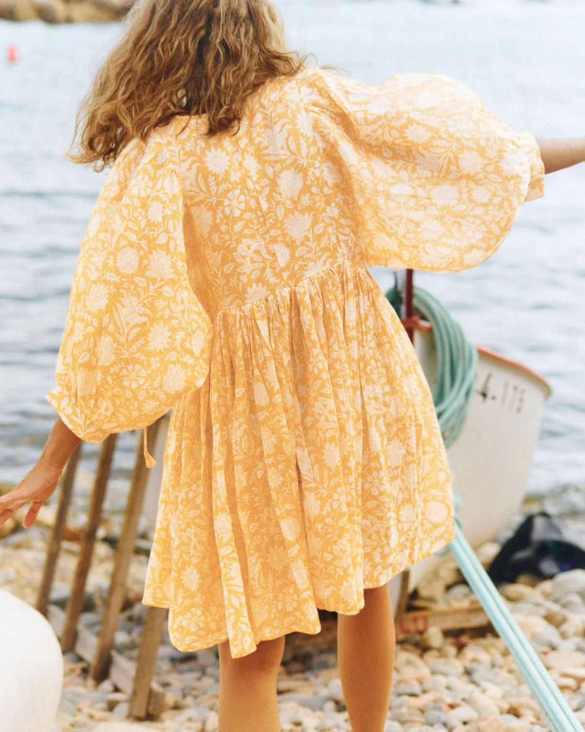 Block Print V Neck Babydoll Mini Dress - Yellow - 1