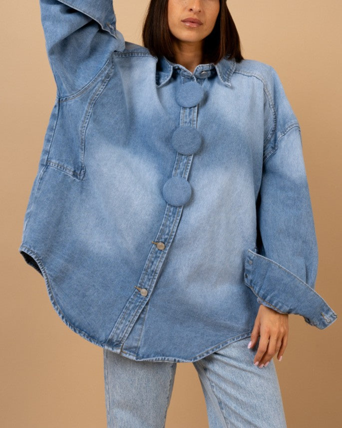 Drop Shoulder Denim Shirt With Round Buttons - Dark-Blue