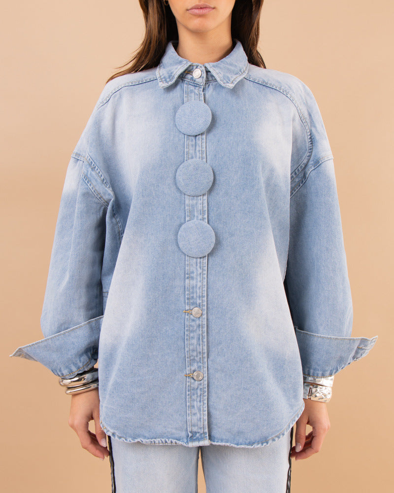 Drop Shoulder Denim Shirt With Round Buttons - Light-Blue