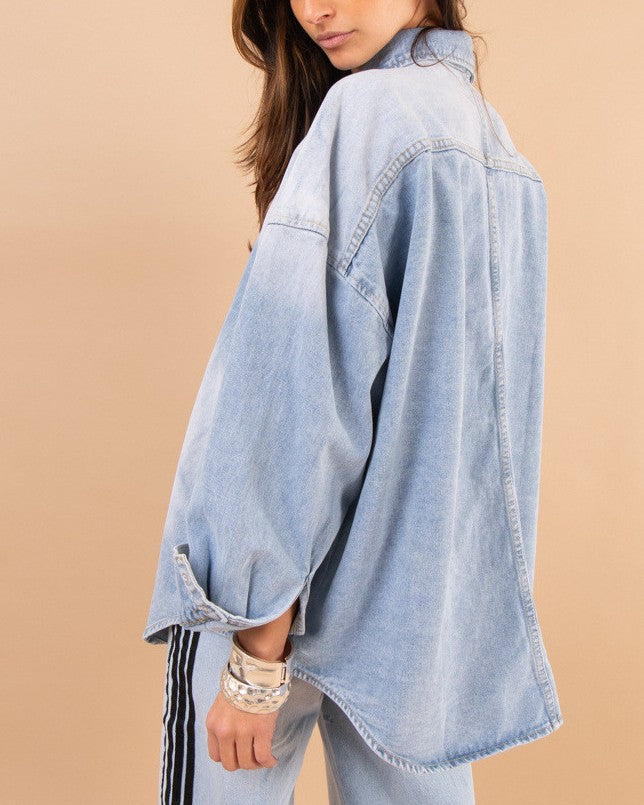 Drop Shoulder Denim Shirt With Round Buttons - Light-Blue - 1