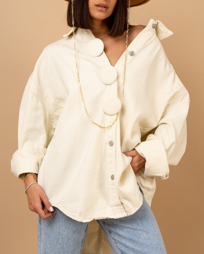 Drop Shoulder Denim Shirt With Round Buttons - White