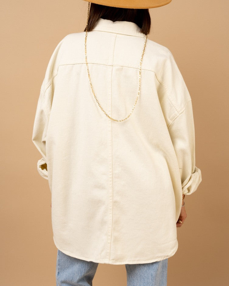 Drop Shoulder Denim Shirt With Round Buttons - White - 1