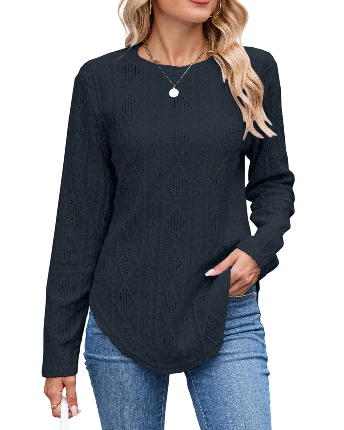 Button Back Curved Hem Long Sleeve Top - Black