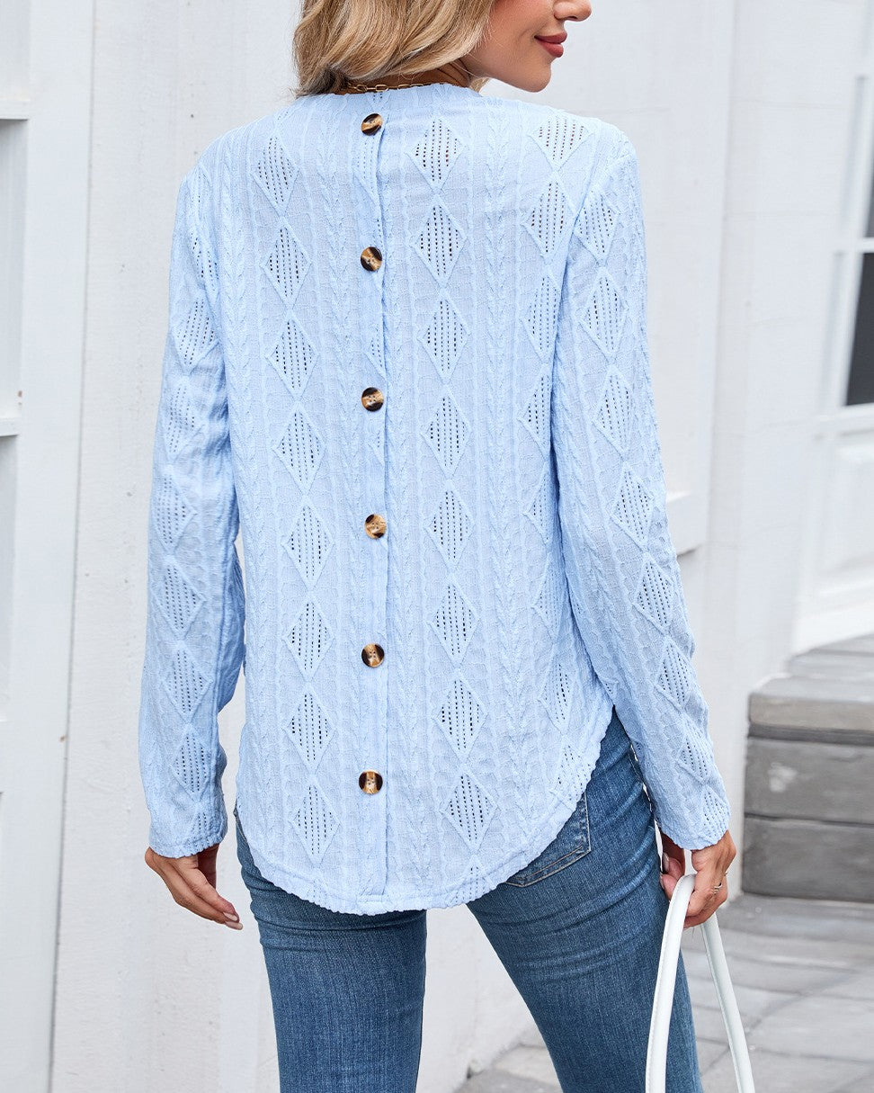 Button Back Curved Hem Long Sleeve Top - Blue
