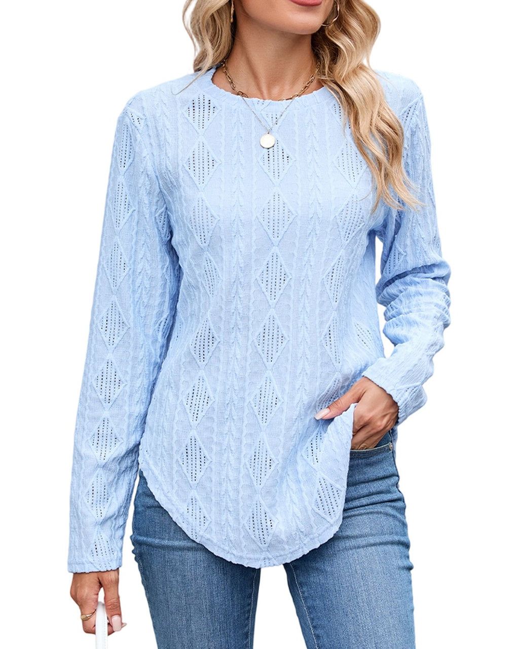 Button Back Curved Hem Long Sleeve Top - Blue - 1