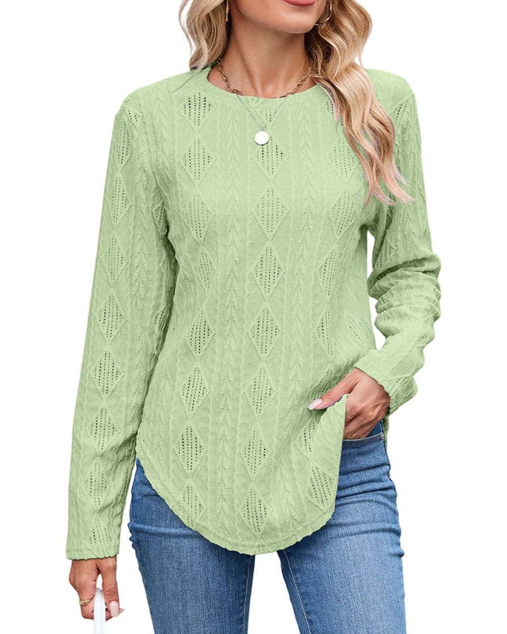 Button Back Curved Hem Long Sleeve Top - Green