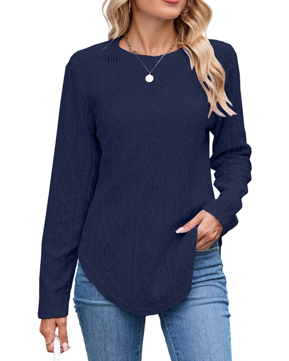 Button Back Curved Hem Long Sleeve Top - Navy-Blue