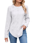 Button Back Curved Hem Long Sleeve Top - White