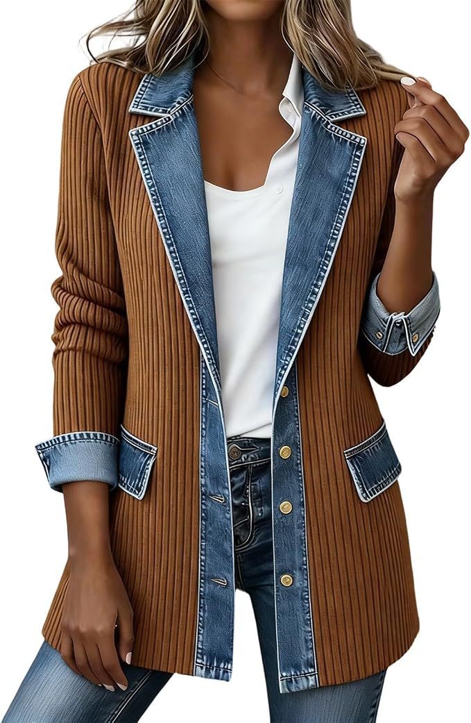Ribbed Knit Blazer With Denim Lapels - Caramel