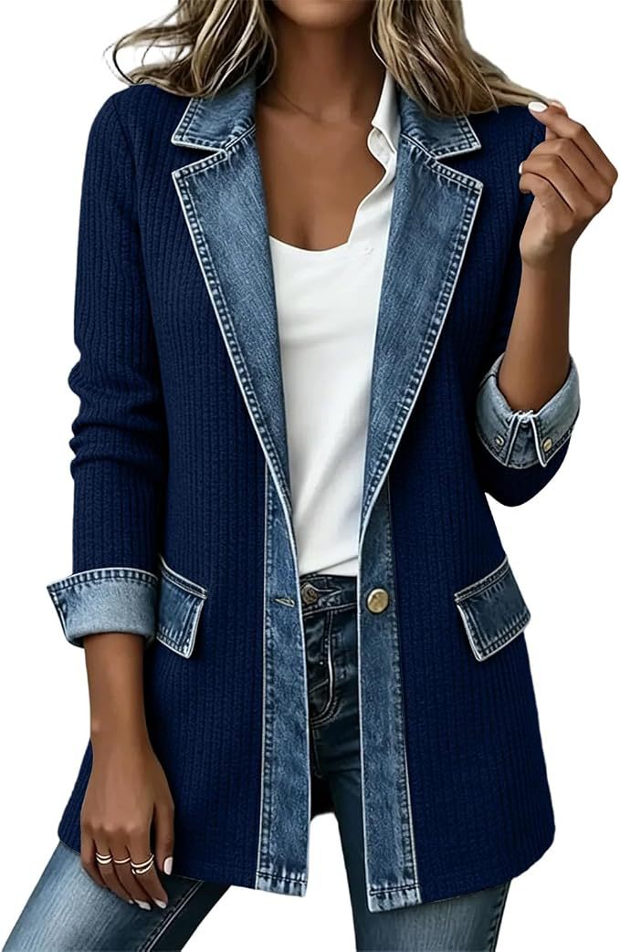 Ribbed Knit Blazer With Denim Lapels - Navy