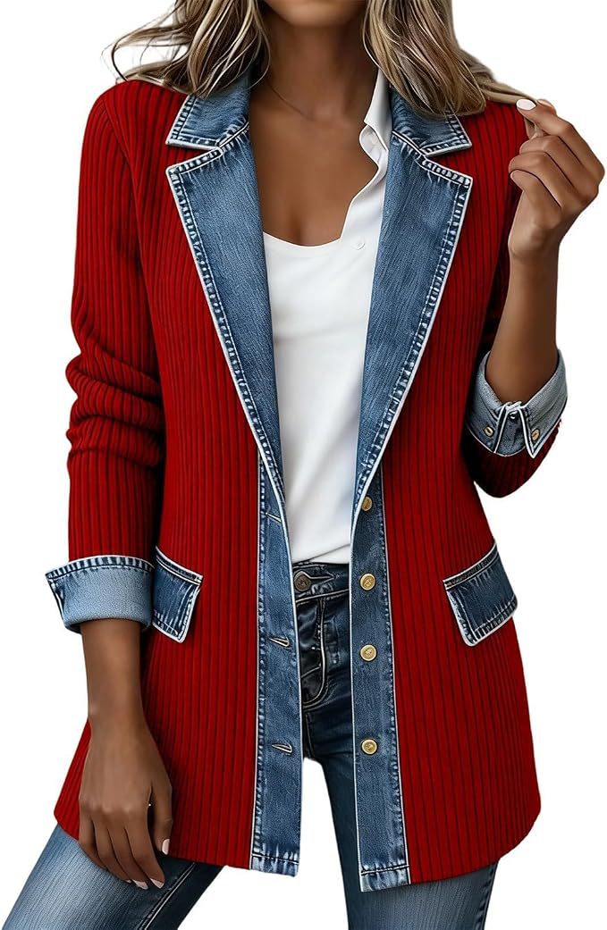Ribbed Knit Blazer With Denim Lapels - Red