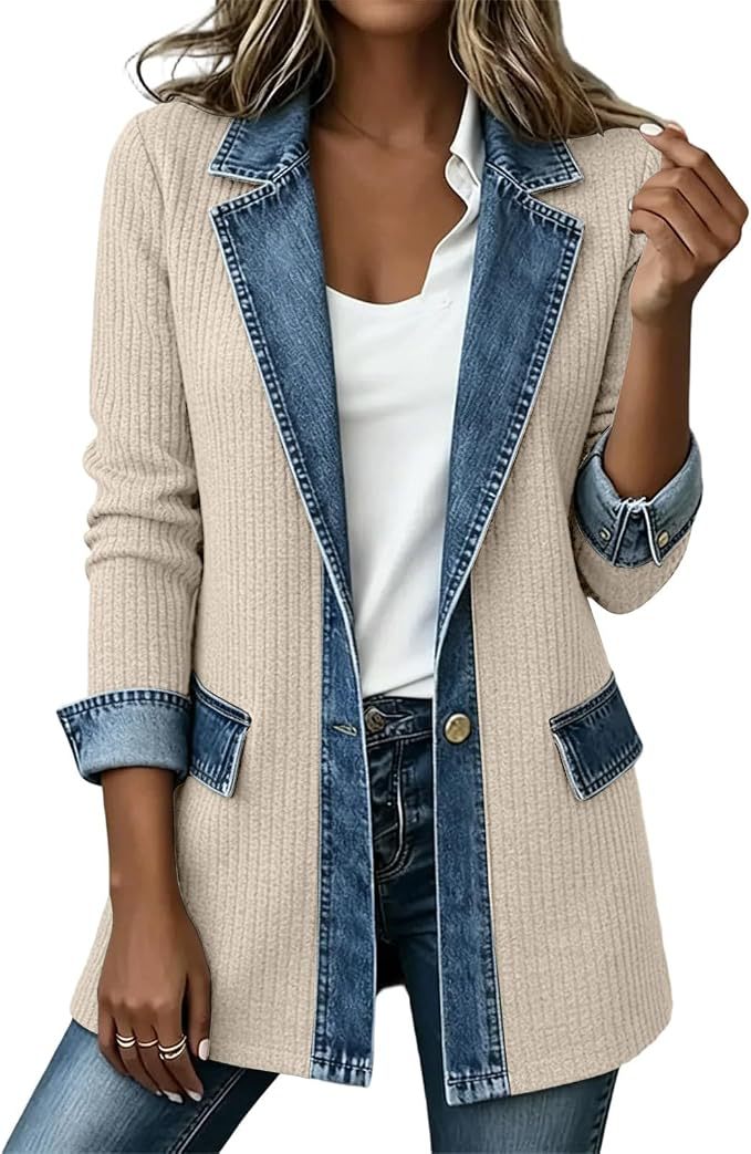 Ribbed Knit Blazer With Denim Lapels - White