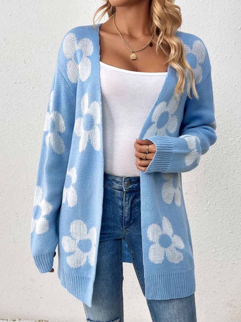 Retro Daisy Jacquard Open Front Long Cardigan - Blue
