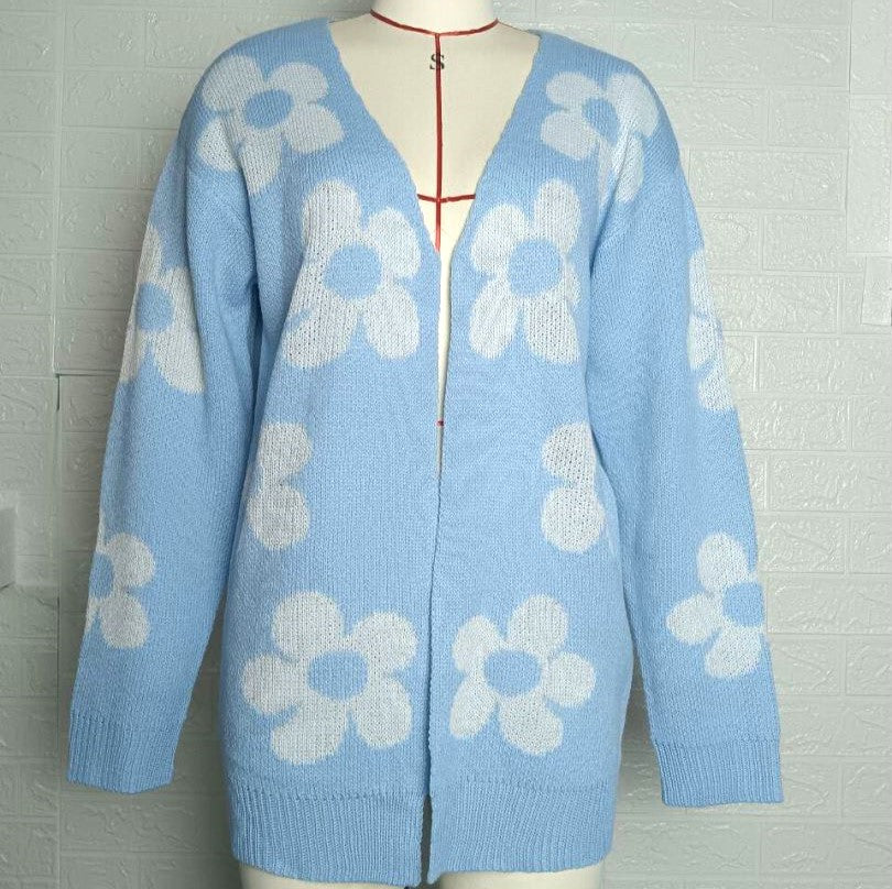 Retro Daisy Jacquard Open Front Long Cardigan - Blue - 1