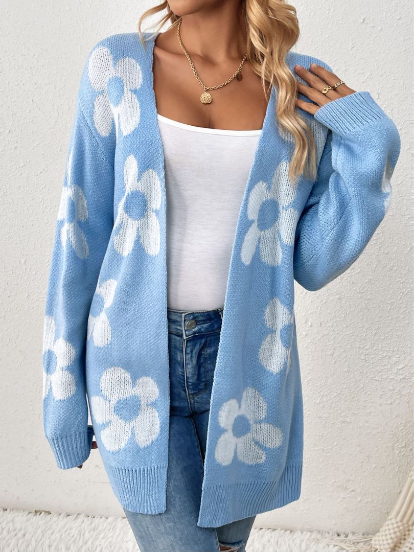 Retro Daisy Jacquard Open Front Long Cardigan - Blue - 2
