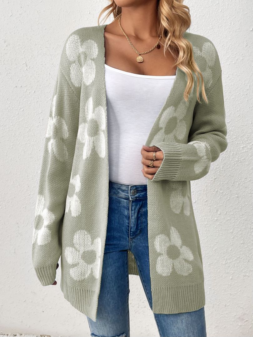 Retro Daisy Jacquard Open Front Long Cardigan - Green