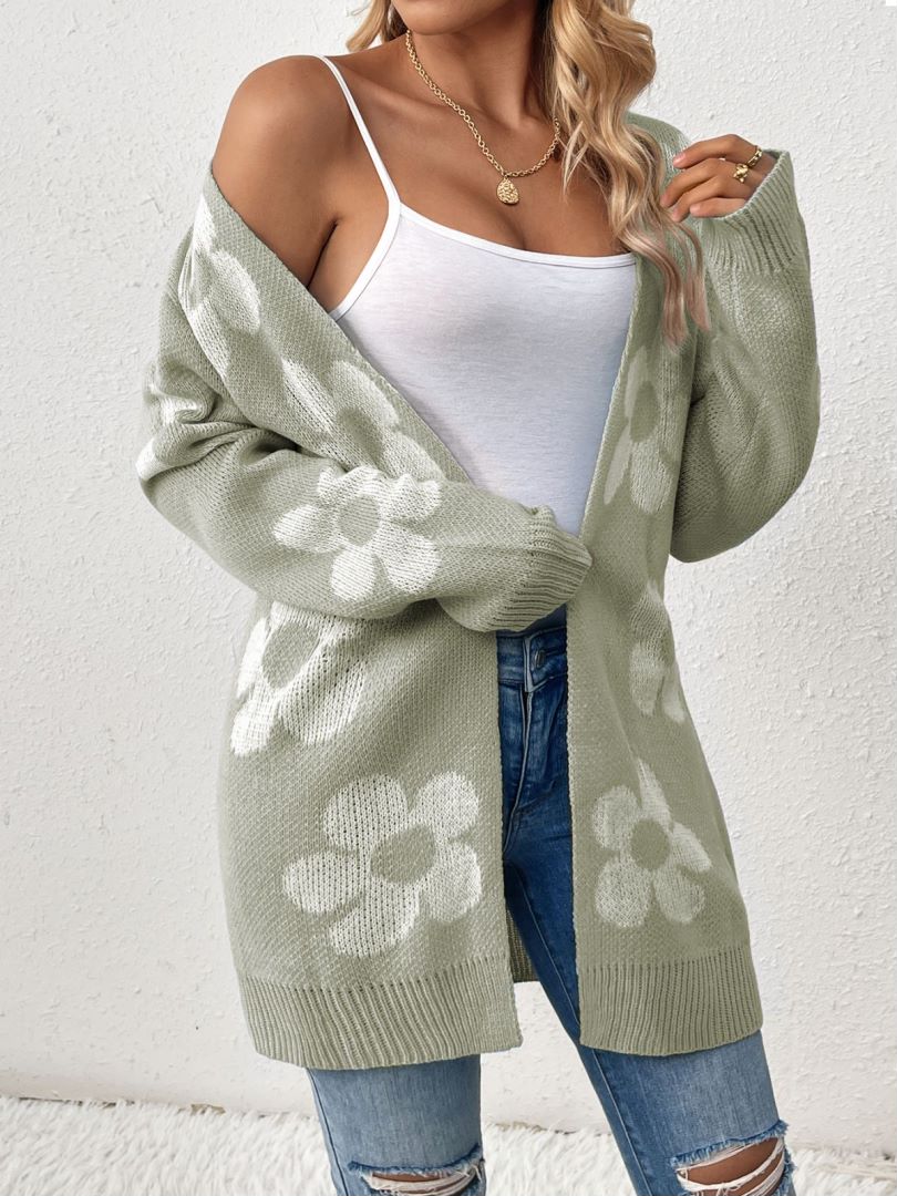 Retro Daisy Jacquard Open Front Long Cardigan - Green - 1