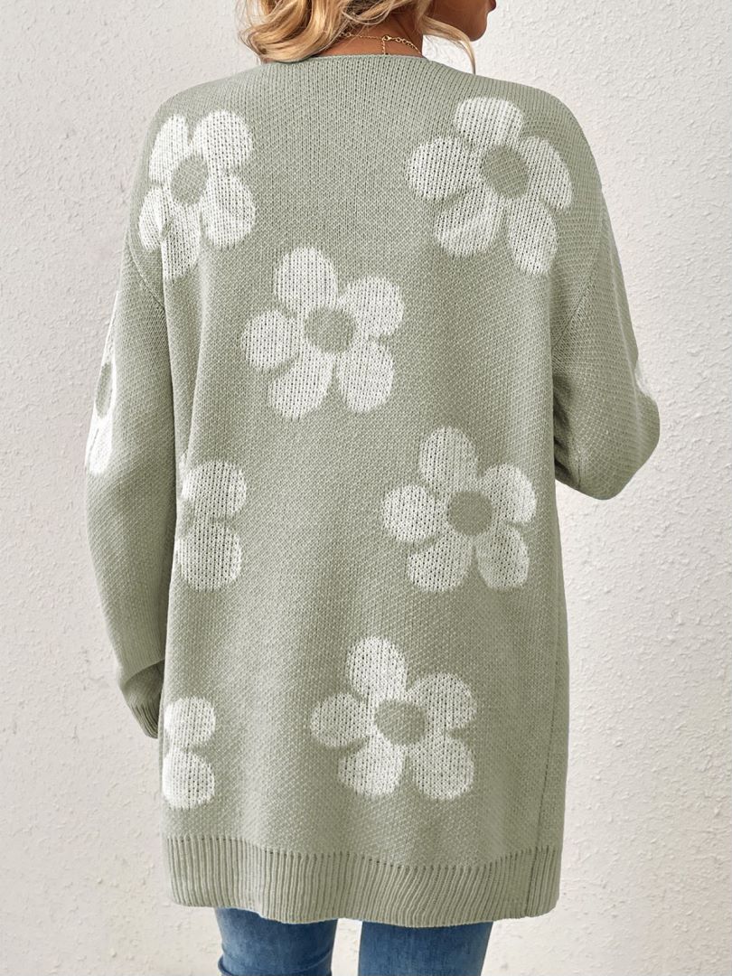 Retro Daisy Jacquard Open Front Long Cardigan - Green - 2