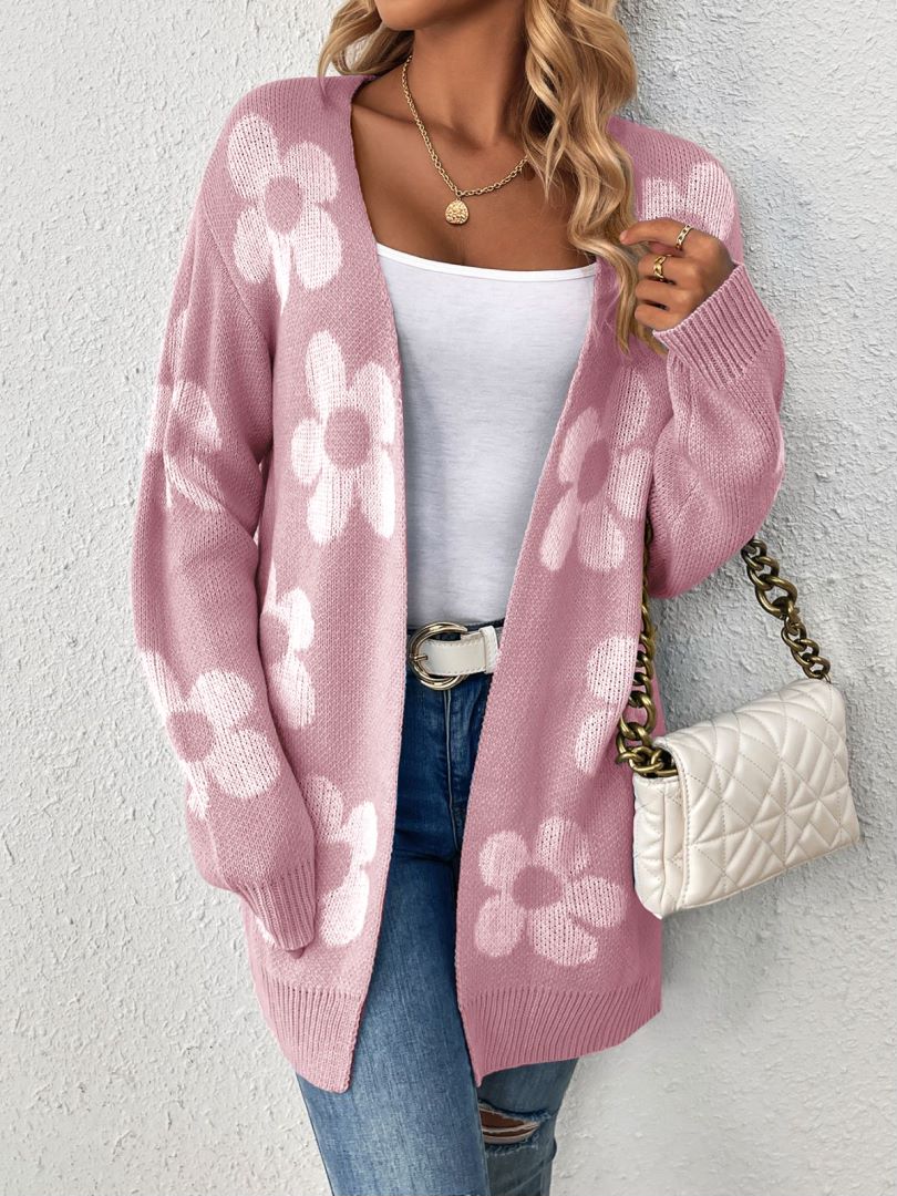 Retro Daisy Jacquard Open Front Long Cardigan - Pink