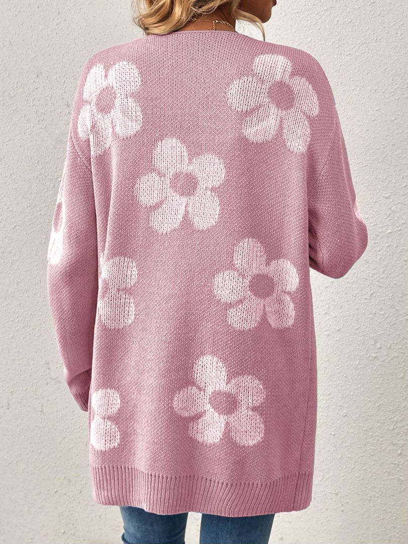 Retro Daisy Jacquard Open Front Long Cardigan - Pink - 2