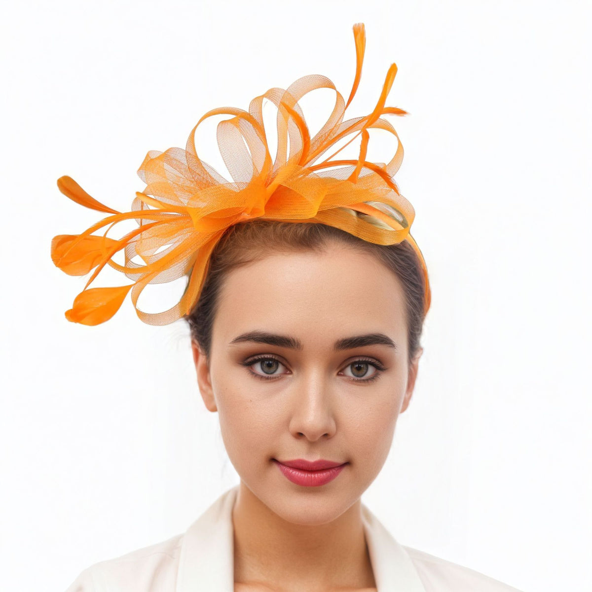 Looped Mesh Feather Fascinator Headband - Orange