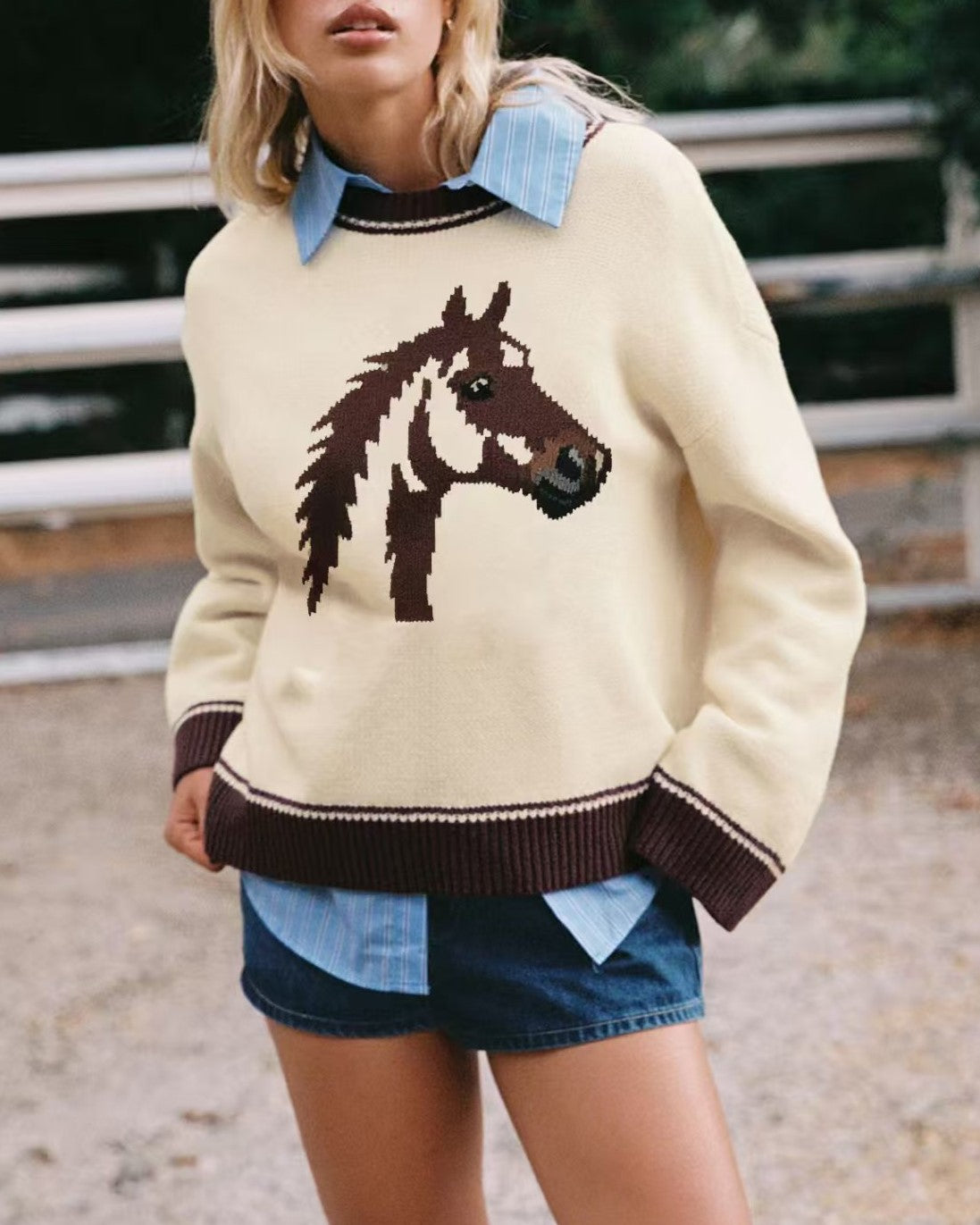 Horse Motif Oversized Western Knit Sweater - Cream
