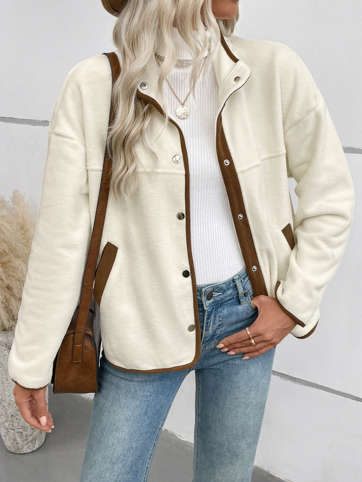 Contrast Trim Snap Button Fleece Jacket - Beige