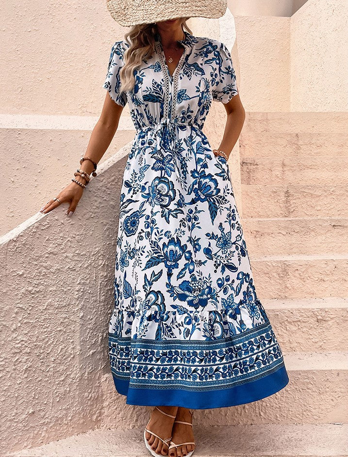 Porcelain Print Button Front Maxi Dress - Blue