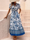 Porcelain Print Button Front Maxi Dress - Blue