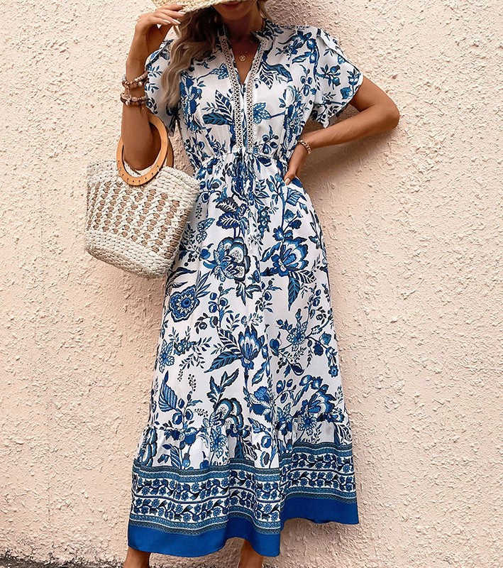 Porcelain Print Button Front Maxi Dress - Blue - 1