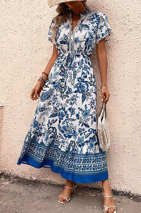 Porcelain Print Button Front Maxi Dress - Blue - 2