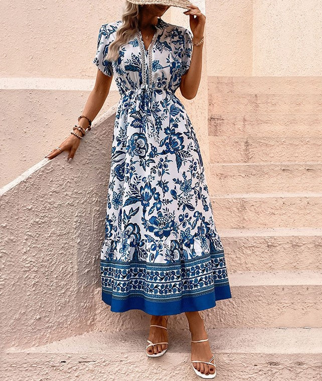 Porcelain Print Button Front Maxi Dress - Blue - 3