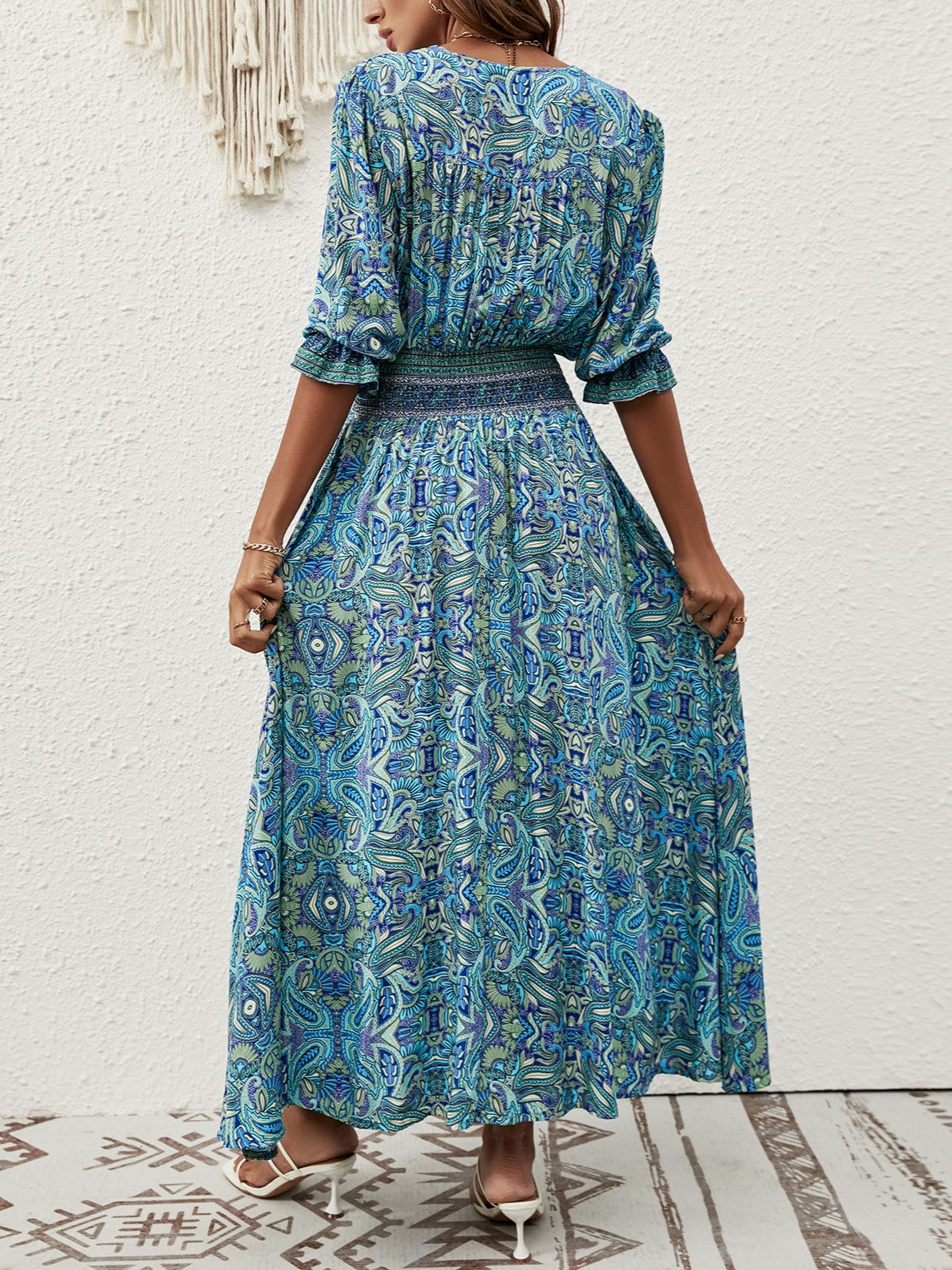 Paisley Print Smocked Waist Boho Maxi Dress - Blue - 3