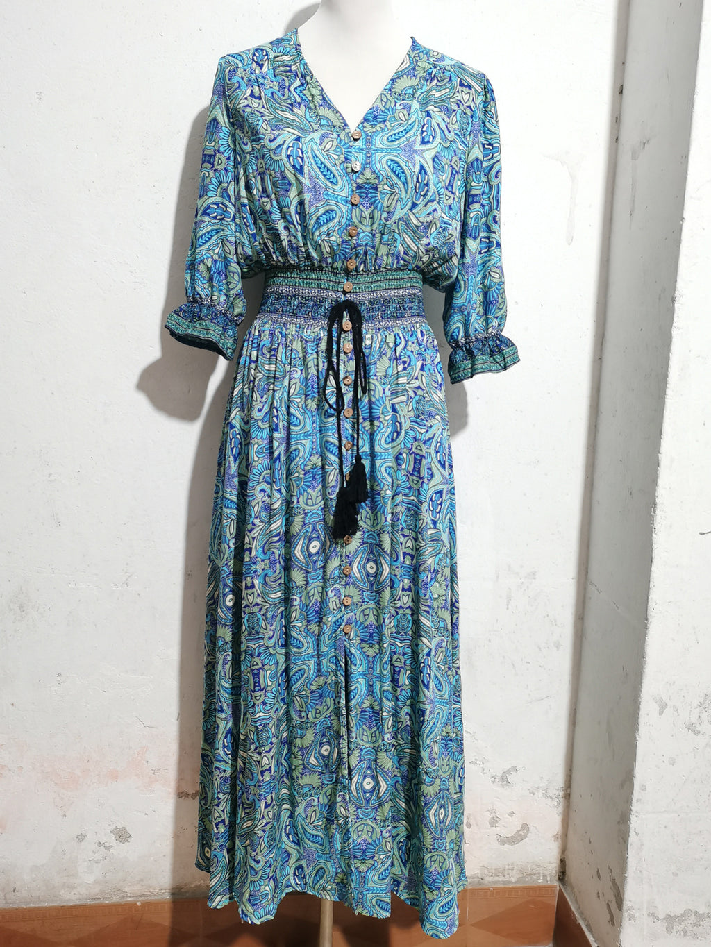 Paisley Print Smocked Waist Boho Maxi Dress - Blue - 4