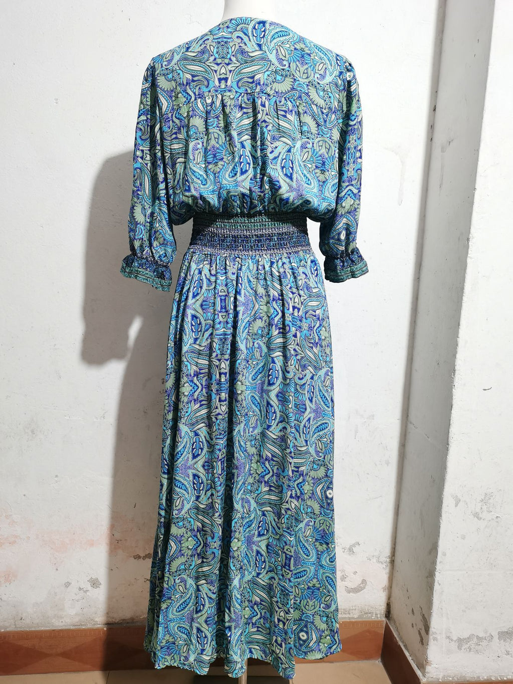 Paisley Print Smocked Waist Boho Maxi Dress - Blue - 5