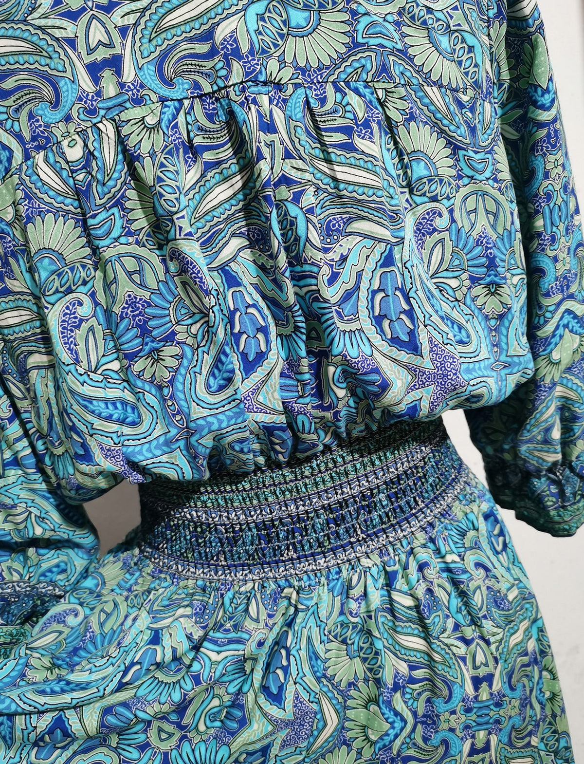 Paisley Print Smocked Waist Boho Maxi Dress - Blue - 6