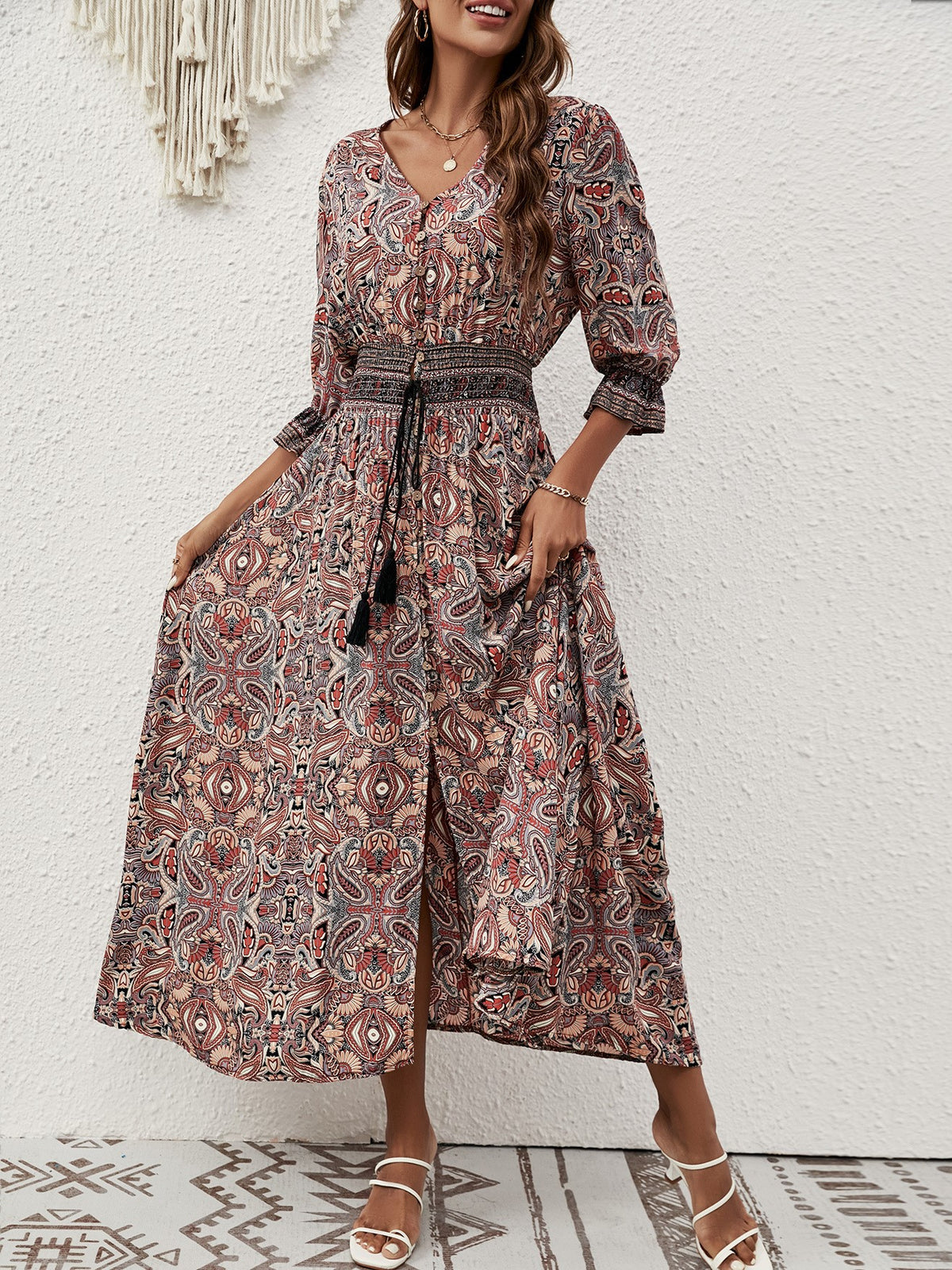 Paisley Print Smocked Waist Boho Maxi Dress - Brown - 1