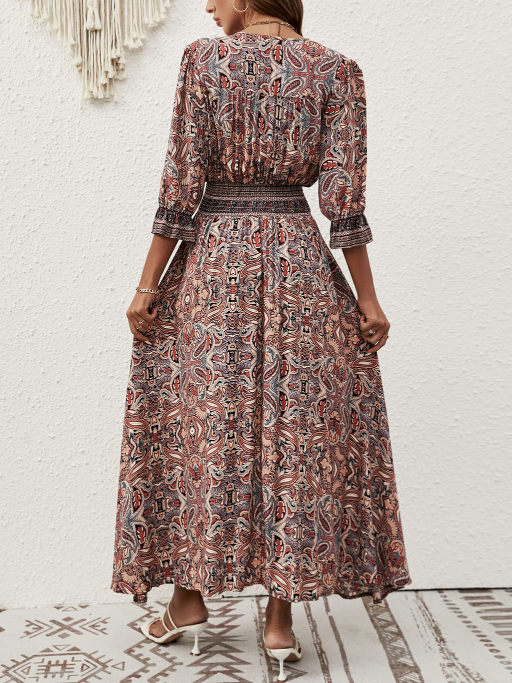 Paisley Print Smocked Waist Boho Maxi Dress - Brown - 4