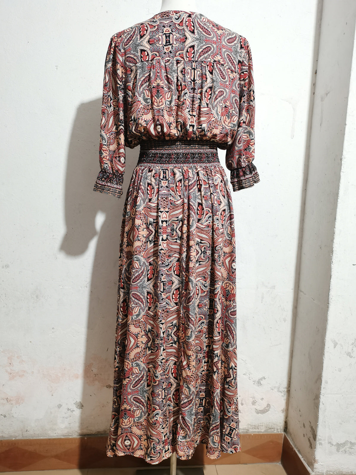 Paisley Print Smocked Waist Boho Maxi Dress - Brown - 6