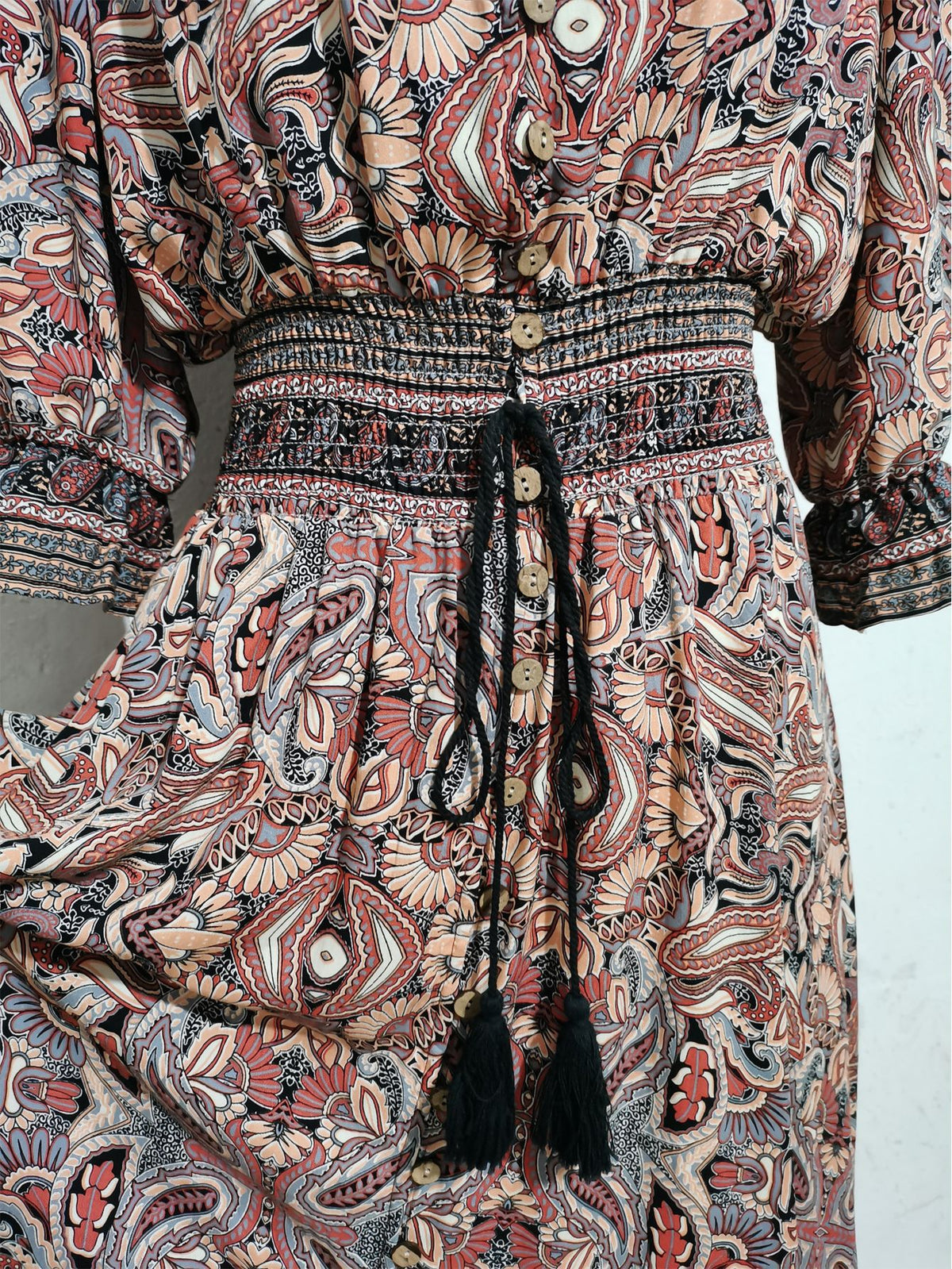 Paisley Print Smocked Waist Boho Maxi Dress - Brown - 7
